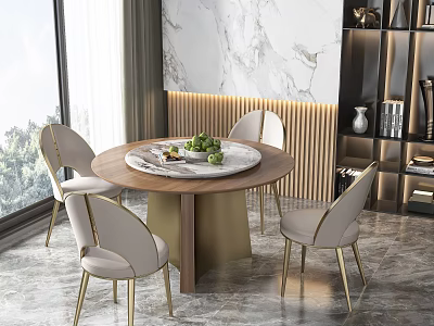 Modern Round Dining Table Set With Marble Top Wooden Gold Legs And Light Colored Chairs 3d model