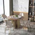 Modern Round Dining Table Set With Marble Top Wooden Gold Legs And Light Colored Chairs