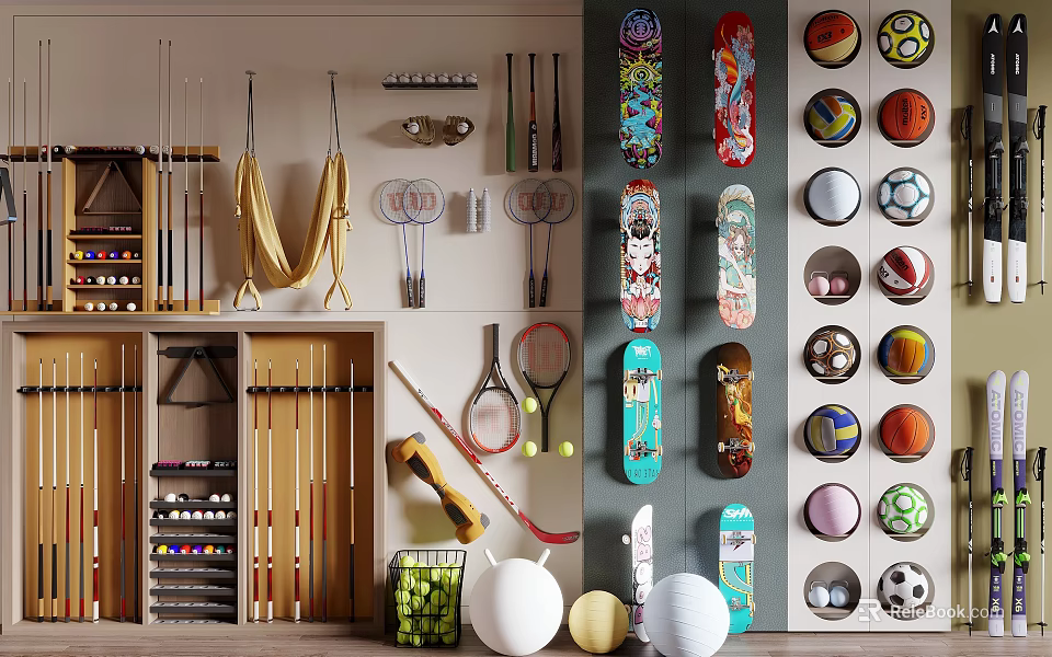 Various Sports Equipment Collection Featuring Skateboards Balls Rackets Poles And Gear 3d model 