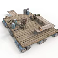 Rustic Wooden Floating Platform With Barrels Planks And Tools On Wheels 3d model