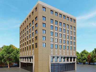 Brown Brick Building With Multiple Windows Glass Doors And Surrounding Trees 3d model