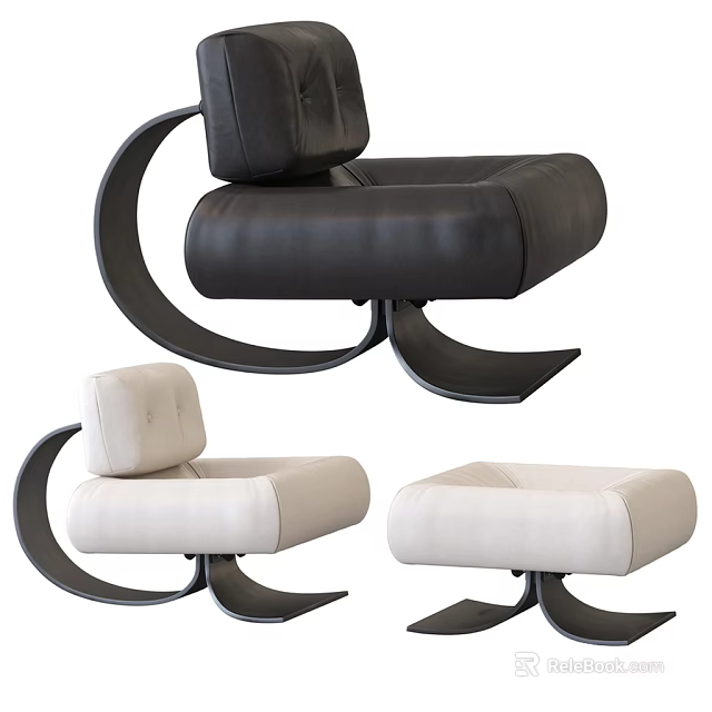 Modern Black and Beige Single Sofa with Curved Metal Frame and Ottoman 3d model 