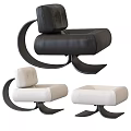 Modern Black and Beige Single Sofa with Curved Metal Frame and Ottoman