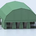 Green Arch Shaped Camping Tent With Support Legs And Draped Fabric