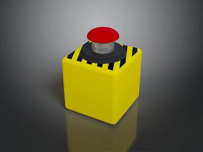 Yellow Cube Shaped Household Item With Red Button And Black Stripes 3d model