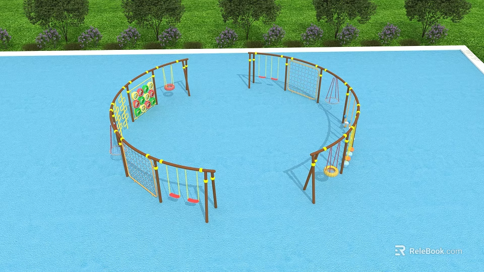 Outdoor Playground Equipment With Circular Rope Netting Structure And Swings On Blue Ground 3d model 