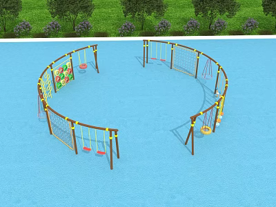 Outdoor Playground Equipment With Circular Rope Netting Structure And Swings On Blue Ground 3d model
