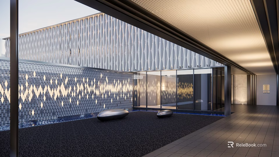 Modern Sales Office Building With Wavy Metal Facade Glass Walls And Courtyard Water Feature 3d model 