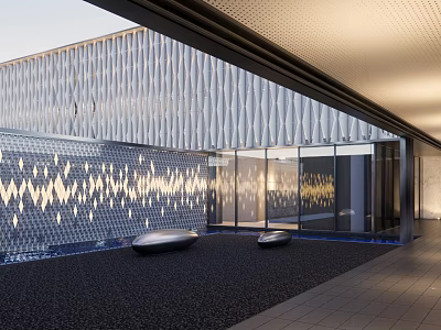Modern Sales Office Building With Wavy Metal Facade Glass Walls And Courtyard Water Feature 3d model