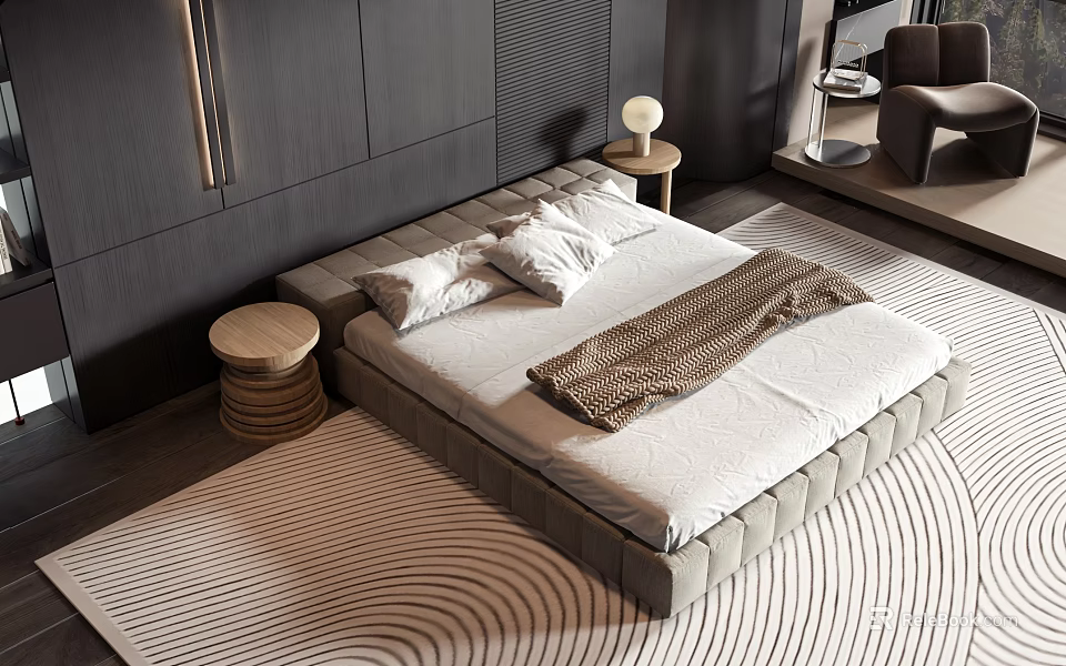 Modern Double Bed with Grey Upholstered Headboard White Sheets and Brown Blanket on Striped Rug 3d model 