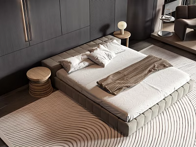 Modern Double Bed with Grey Upholstered Headboard White Sheets and Brown Blanket on Striped Rug 3d model
