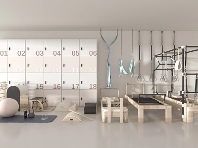 Sports Equipment Collection Including Lockers Gymnastic Rings Yoga Ball And Pilates Reformer Mats 3d model