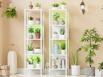 White Multi Tiered Shelving Unit With Various Potted Plants For Indoor Decoration 3d model