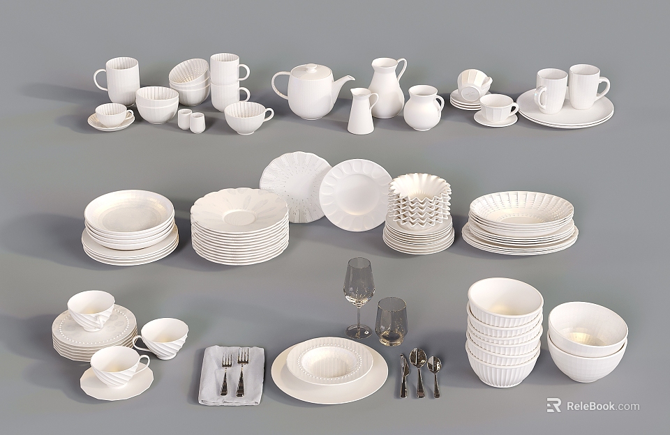 Complete White Dinnerware Set With Mugs Teapot Plates Bowls Cutlery And Glassware 3d model 
