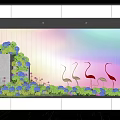 Vibrant Indoor Landscape With Colorful Plants Flamingo Ornaments And Rainbow Backdrop