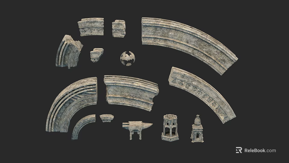 Ancient Style Stone Architectural Components With Various Shapes Carvings And Arch Designs 3d model 