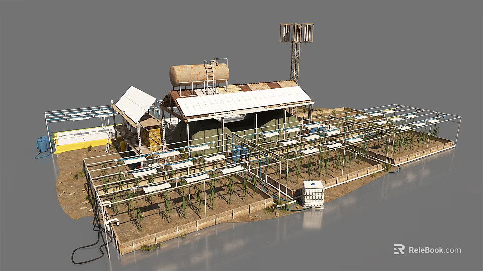 Rural Farm Landscape With White Sheds Metal Frames Dirt Ground And Water Tanks 3d model 
