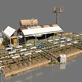 Rural Farm Landscape With White Sheds Metal Frames Dirt Ground And Water Tanks