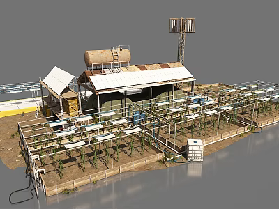 Rural Farm Landscape With White Sheds Metal Frames Dirt Ground And Water Tanks 3d model