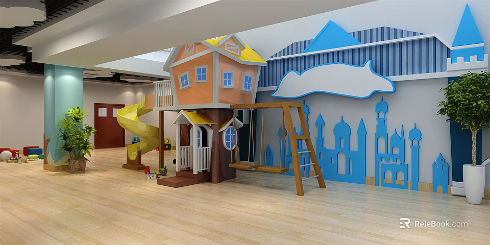Colorful Kindergarten Interior With House Shaped Play Structure Slide Swing Blue Cloud And Castle Patterns 3d model 