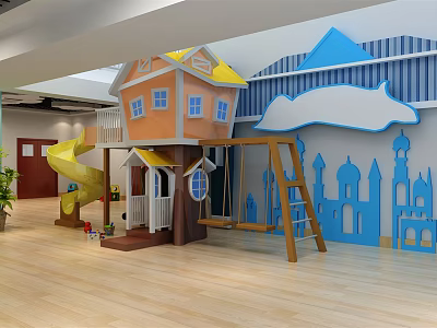Colorful Kindergarten Interior With House Shaped Play Structure Slide Swing Blue Cloud And Castle Patterns 3d model