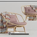 Outdoor Chair With Rattan Frame Round Back Purple Cushion And Colorful Striped Blanket