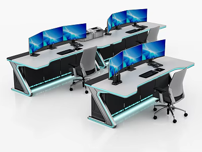 Modern Office Desk Workstation With Multiple Monitors Ergonomic Chairs And LED Lighting 3d model