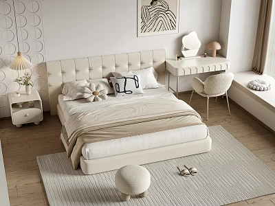 Double Bed With Beige Upholstered Headboard Pillows Bedside Lamp Dressing Chair Rug And Wall Painting 3d model