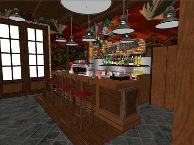 Bar Interior With Wooden Counter Red Stools Mural Hanging Lights Windows And Drinks 3d model