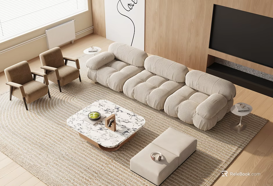 Modern Beige Fabric Sofa and Marble Coffee Table Set with Brown Armchairs and Wooden Wall 3d model 