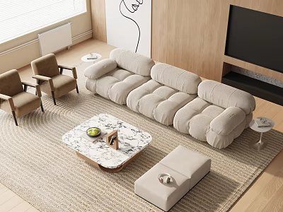 Modern Beige Fabric Sofa and Marble Coffee Table Set with Brown Armchairs and Wooden Wall 3d model