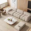 Modern Beige Fabric Sofa and Marble Coffee Table Set with Brown Armchairs and Wooden Wall