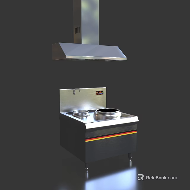 Stainless Steel Commercial Kitchen Cooking Range With Range Hood And Control Panel 3d model
