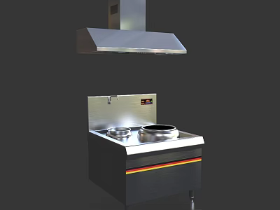 Stainless Steel Commercial Kitchen Cooking Range With Range Hood And Control Panel 3d model