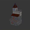 Cartoon Style Castle Tower With Red Patterned Roof Wooden Balcony And Stone Walls