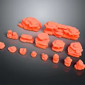 Orange Stone Models with Various Sizes and Shapes on Black Background 3d model
