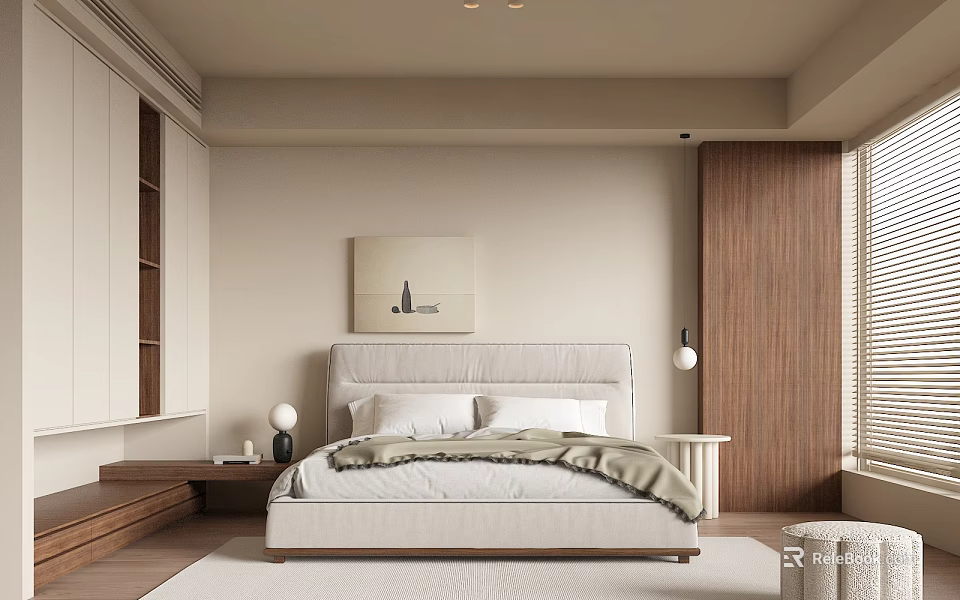 Minimalist Modern Bedroom Interior Design With Beige Walls Wooden Wardrobe Bed Pillows And Artwork 3d model 