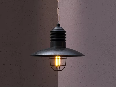 Industrial Black Metal Pendant Light With Conical Shade And Caged Illuminated Bulb On Gray Wall 3d model