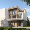 Modern Single Family House With White Facade Large Windows Wooden Balcony And Greenery Trees
