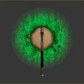 Wooden Axe Embedded In Tree Stump With Green Grass And Pink Mushrooms