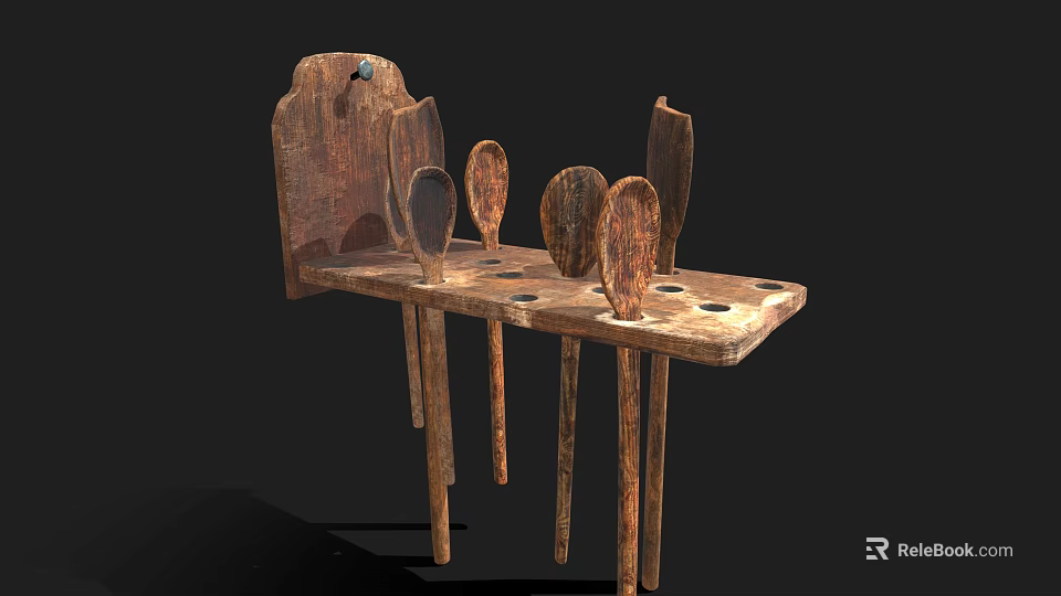 Wooden Household Tool Stand With Several Hanging Wooden Spoons For Daily Use 3d model 