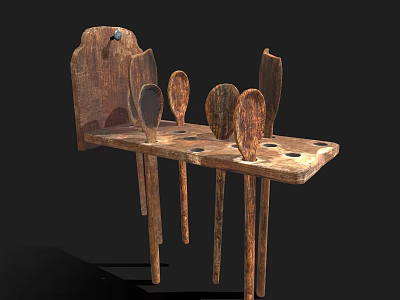 Wooden Household Tool Stand With Several Hanging Wooden Spoons For Daily Use 3d model
