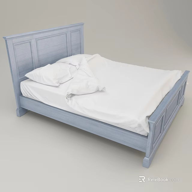 Simple Blue Double Bed With Wooden Frame And White Sheets Pillows 3d model