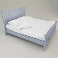 Simple Blue Double Bed With Wooden Frame And White Sheets Pillows 3d model