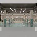 Indoor Basketball Court with Wooden Floor Green Walls White Ceiling Seats and Lighting