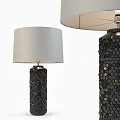 Stylish Modern Table Lamp with Black Hexagonal Textured Base and Gray Fabric Round Shade 3d model