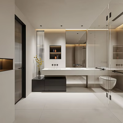 Sleek Modern Bathroom Interior Design With Glass Shower Vanity And Mirror 3d model