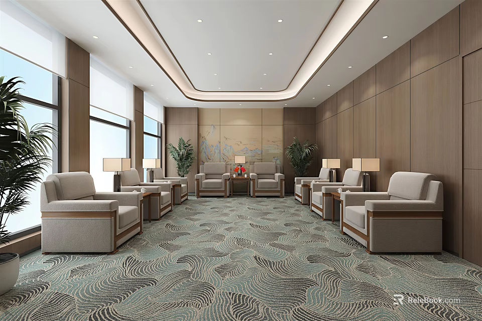 Modern Hotel Public Lounge Area With Comfortable Sofas Coffee Tables And Green Plants 3d model 