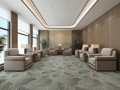 Modern Hotel Public Lounge Area With Comfortable Sofas Coffee Tables And Green Plants 3d model