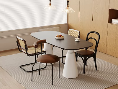 Modern Dining Table Set With Black Top White Base Cane Back Chairs And Pendant Lights 3d model